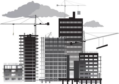 Yüksek binaları ve vinçleri olan inşaat alanı, EPS 8 vektör gri ölçekli illüstrasyon