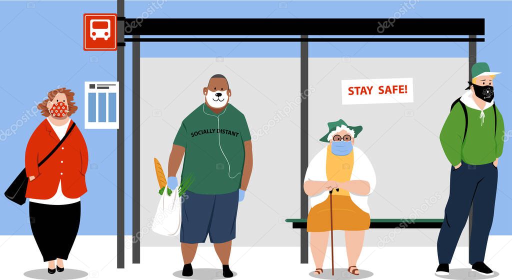 People waiting on a city bus stop wearing face coverage and maintaining physical distance, EPS 8 vector illustration