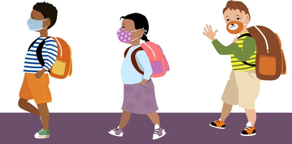 Basisschoolkinderen Die Naar School Gaan Beschermende Medische Zelfgemaakte Gezichtsmaskers Dragen — Stockvector