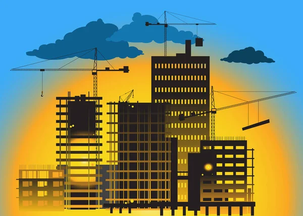 Gündoğumunda yüksek binalar ve vinçlerle inşa edilen inşaat alanı, EPS 8 vektör illüstrasyonu