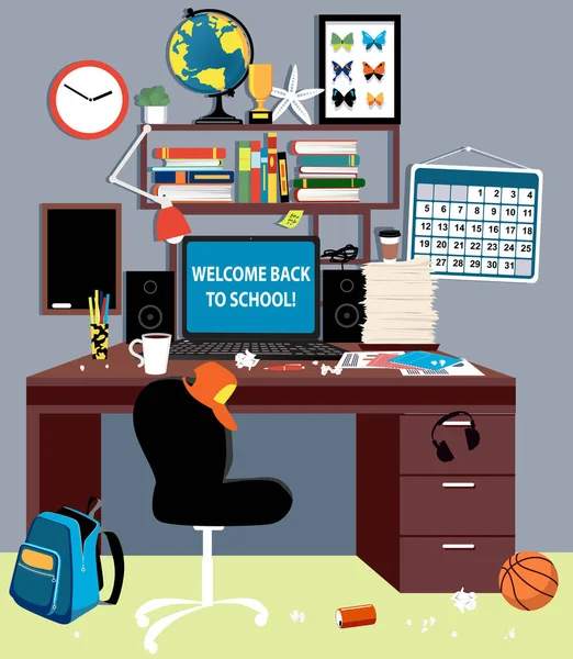 在家里的青少年学习台上 有一台电脑在屏幕上显示返回学校的信息 为由于流行而进行的远程学习做准备 Eps 8矢量插图 — 图库矢量图片