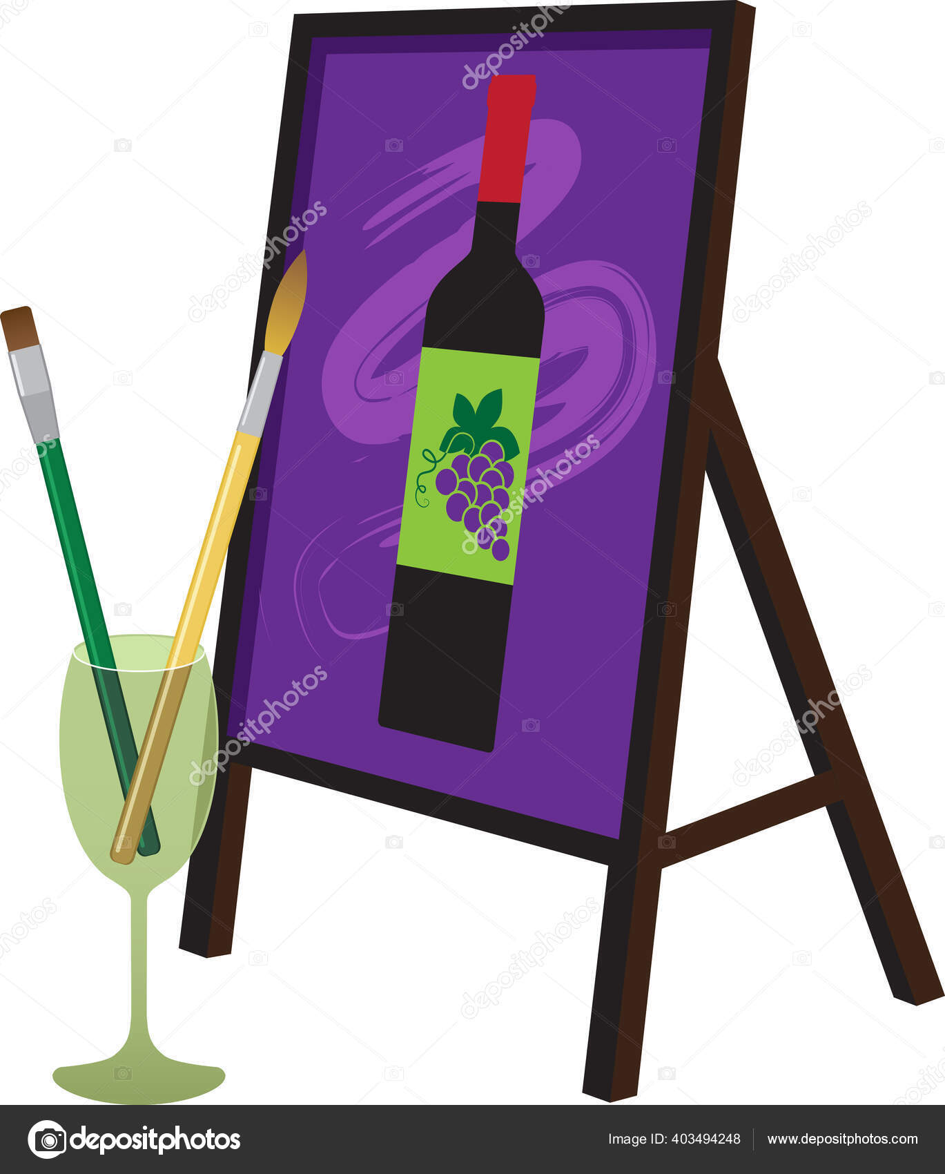 ワイングラスに筆を描き 絵具や飲み物を表現したイーゼルにワインボトルを描くeps 8ベクトルイラスト ストックベクター C Aleutie