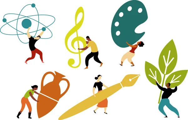 Graphic Representation Arts Science People Holding Symbols Music Research Writing — Stock Vector