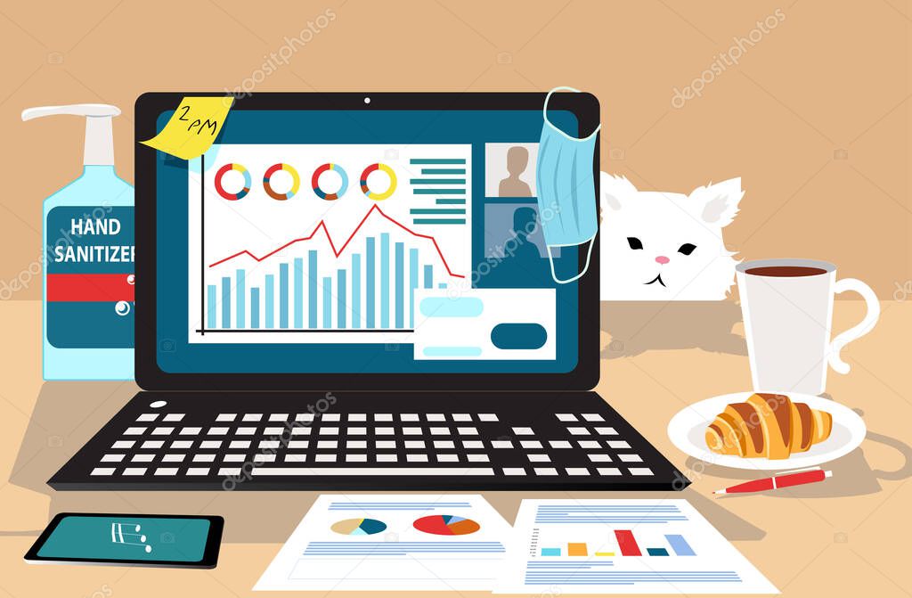 Work station at home during pandemic lockdown, showing a laptop, hand sanitizer, face mask, breakfast and a cat, EPS 8 vector illustration