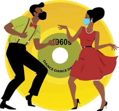 Retro tarzı kıyafet giyen çift Twist 'te yüz maskesi takıyor, 1960' ların müzik plakları arka planda, EPS 8 vektör illüstrasyonunda
