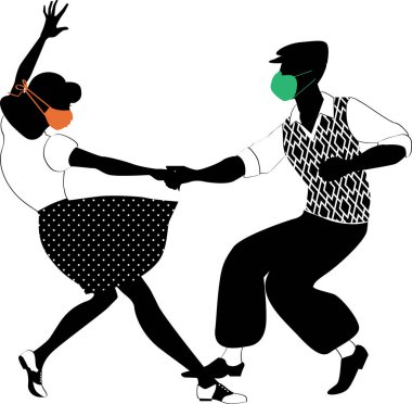 Dans eden bir çiftin siyah vektör silueti Lindy hop eski moda kıyafetler ve yüz maskeleri takıyor, EPS 8