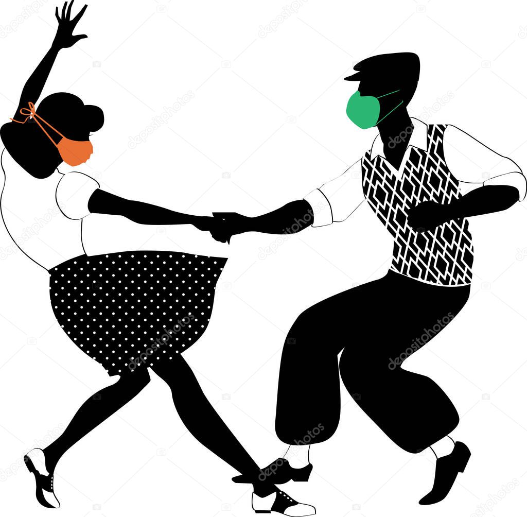 Black vector silhouette of a couple dancing Lindy hop wearing retro fashion clothing and facial masks, EPS 8
