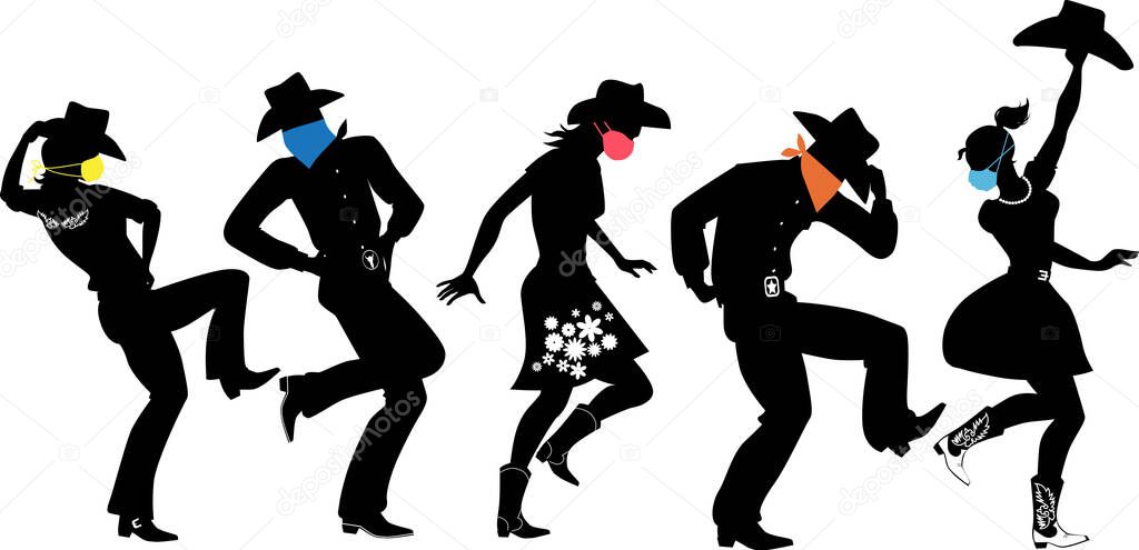 Black vector silhouette of country-western dancers  wearing colored facial covers for protection from pandemic, EPS 8, no white objects