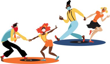 İnsanlar lindy hop ya da swing dansı yapıyor, maske takıyor ve fiziksel mesafeyi koruyor, belirlenmiş noktalarda dikiliyor plaklar gibi görünüyor, EPS 8 vektör illüstrasyonu