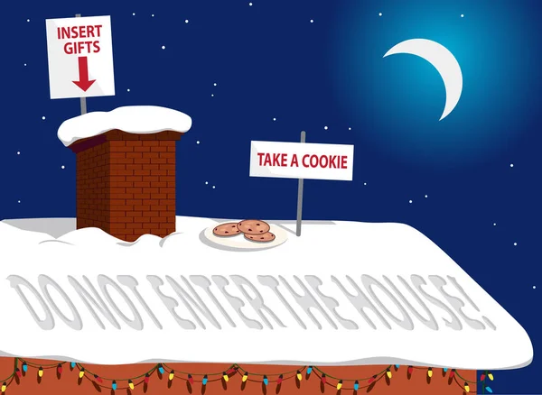 Rooftop House Christmas Night Cookies Safety Instructions Santa Claus Covid — Stock Vector