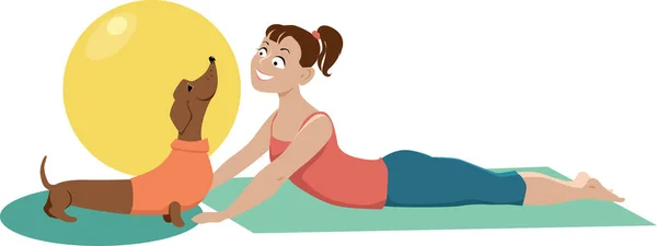 Mujer Joven Practicando Ejercicio Doga Yoga Con Perro Salchicha Eps — Vector de stock