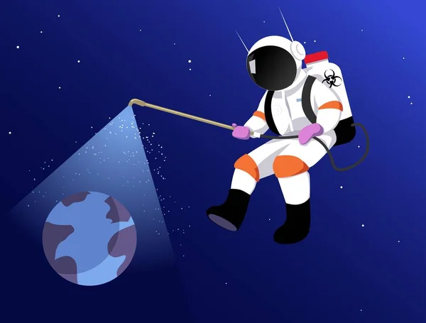 Астронавт Розпилює Землю Небезпечним Хімічним Або Дезінфікуючим Засобом Проти Пандемії — стоковий вектор