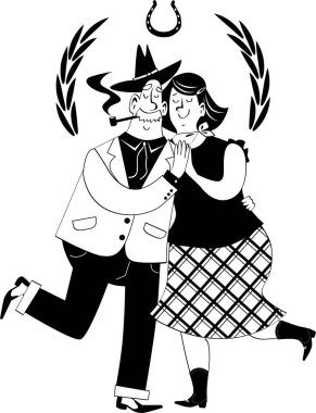 Geleneksel batı kıyafetleri içinde dans eden, EPS 8 vektör illüstrasyonlu, beyaz nesneler olmayan sevimli yaşlı çift. 