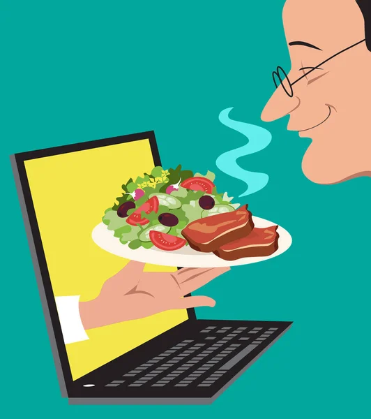 オンラインで食べ物を注文している人に皿を提供するコンピュータ画面から出てくる手 Eps 8ベクトルのイラスト — ストックベクタ