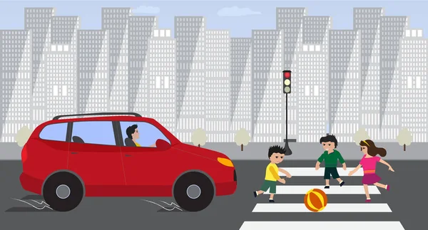 Kinder überqueren Straße bei rotem Auto an roter Ampel. — Stockvektor