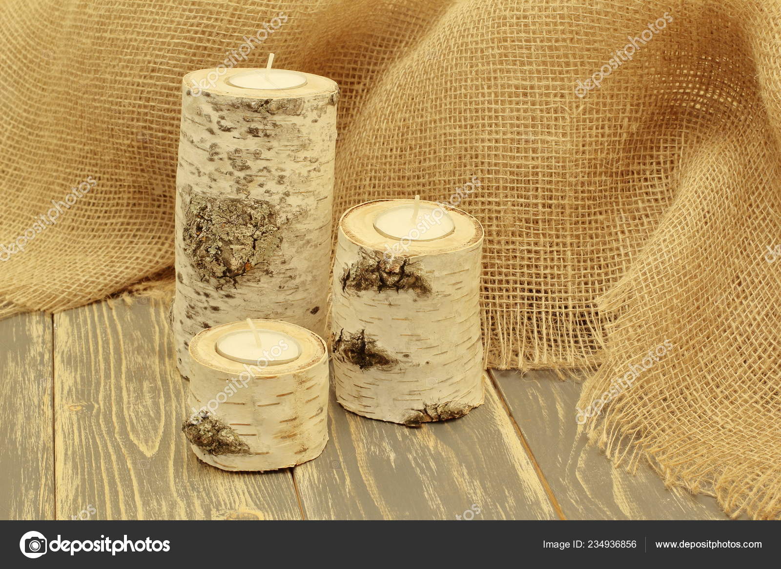 Original Birch Candlesticks Background Coarse Jute Fabric Black Wooden