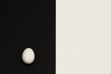 Kontrast siyah ve beyaz olduğunu. Siyah arka plan üzerine beyaz tavuk yumurta. Minimalizm tarzı.