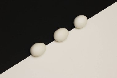 Köşegen. Siyah ve beyaz arka plan zıt sınırı boyunca beyaz tavuk yumurtası. Minimalizm tarzı.