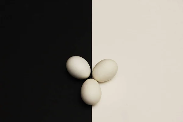 Ovos Galinha Branca Borda Fundo Preto Branco Contrastante Estilo Minimalismo — Fotografia de Stock