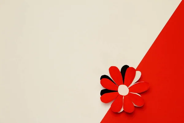 Flower made of red, white, black paper on border of white and red background. Minimal background to Valentine\'s Day, Mother\'s Day with copy space.