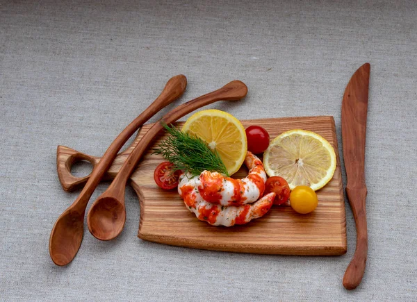 Surimi Lemon Tomato Dill Wooden Board Close — Stock Photo, Image
