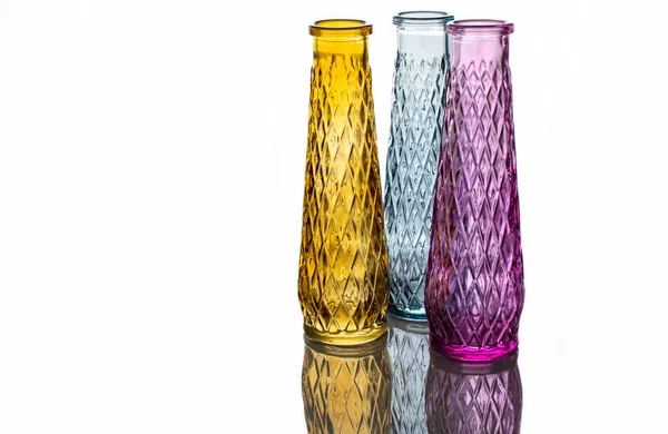 Three Vases Colored Glass Pattern Isolated Light Background Reflection — ストック写真