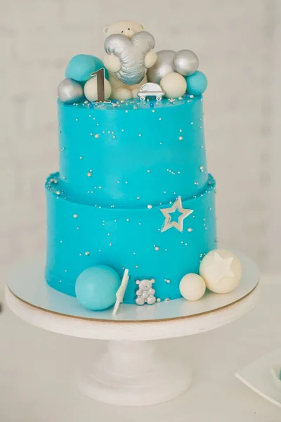 Pastel Azul Con Oso Para Primer Cumpleaños —  Fotos de Stock