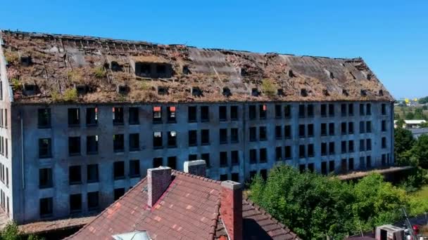 Flying Slowly Old Ruined Destroyed Industrial Building Aerial View — Stock Video
