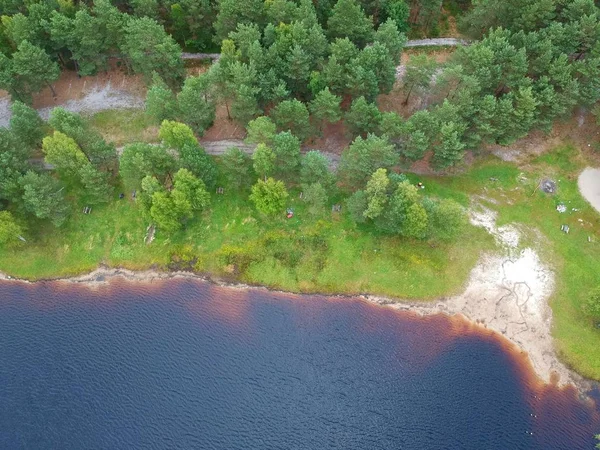 Vista Aérea Sobre Superficie Del Lago Barro Bosque Orilla — Foto de Stock