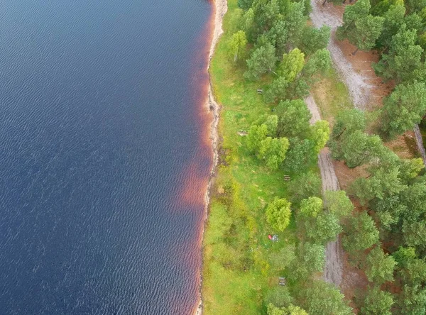 Vista Aérea Sobre Superficie Del Lago Barro Bosque Orilla — Foto de Stock