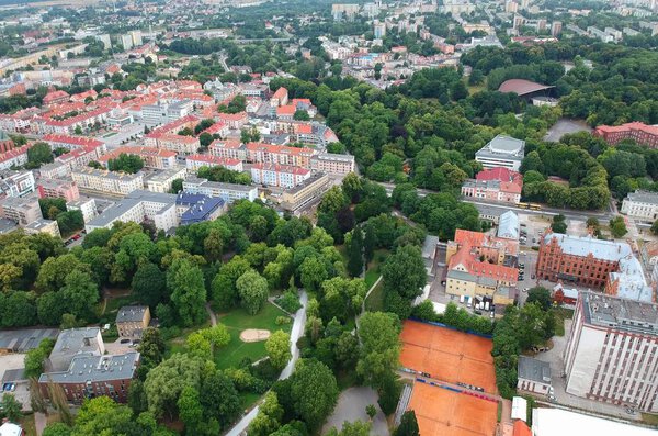 Aerial view on Koszalin city park and buildings.