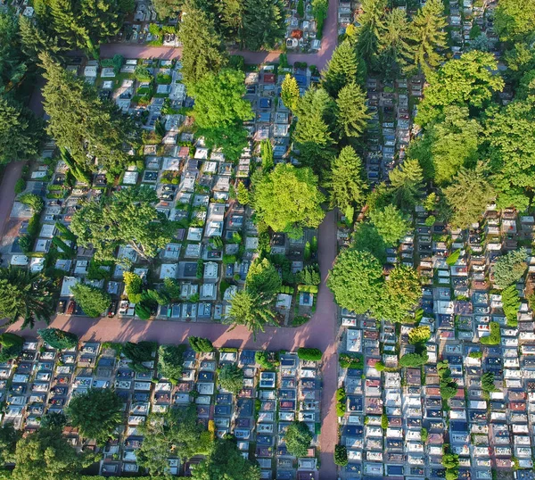 Vista Aérea Sobre Cementerio Grande Muchas Lápidas Árboles —  Fotos de Stock