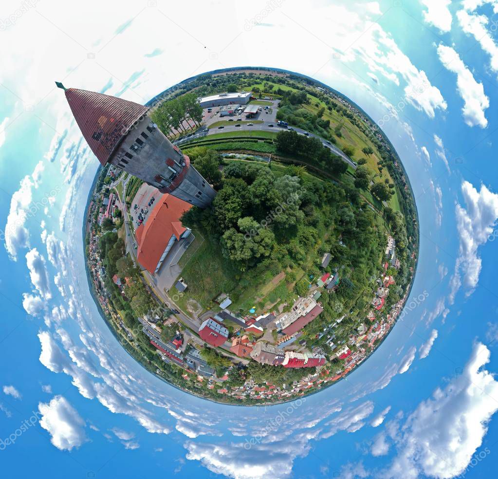 Aerial view on spherical panorama city, old town, water pressure tower, green city,