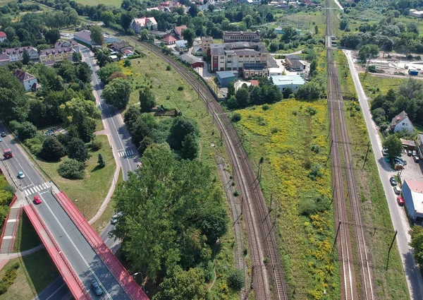 Вид Воздуха Железнодорожную Автомобильную Дорогу Городе — стоковое фото