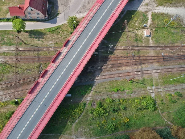 Luchtfoto Het Snijpunt Van Spoorweg Auto Weg — Stockfoto