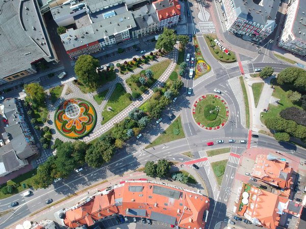 SLUPSK, POLAND - 16 AUGUST 2018 - Aerial view on Slupsk city center with roundabout with flower decoration