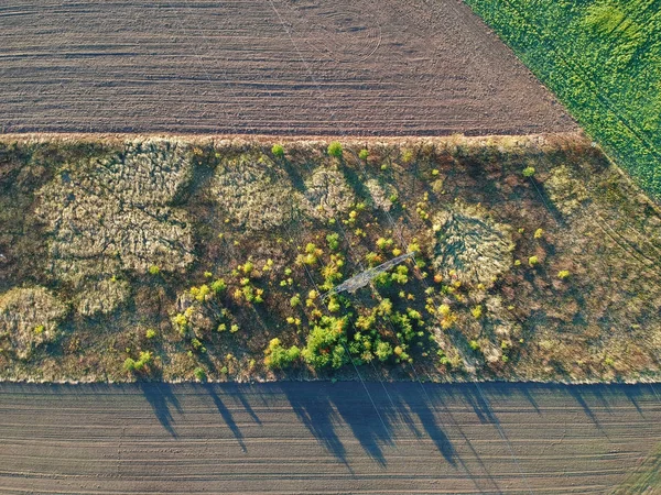 Luftaufnahme Von Grauen Feldern Mit Strommasten Und Kabeln Mit Kleinen — Stockfoto