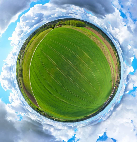 Aerial 360 degree panoramic view on rural landscape with house, forest, clouds and fields — Stock Photo, Image