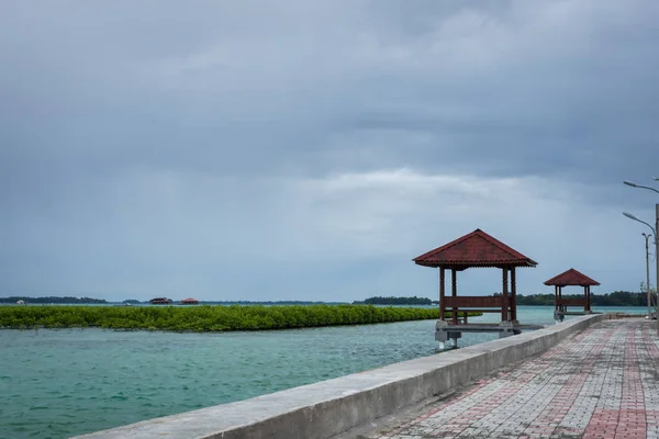 İki gazebos ile yola bakan güzel okyanus ile bazı yeşil sağlıklı mangrov Harapan Adası, Endonezya, tuğla — Stok fotoğraf