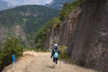 Garut, Endonezya - 12 Ağustos 2018 : Papandayan Dağı'nda bir kız eğleniyor ve yürüyüş ediyor. Papandayan Dağı Garut üzerinde yürüyüş için favori yerden biridir.