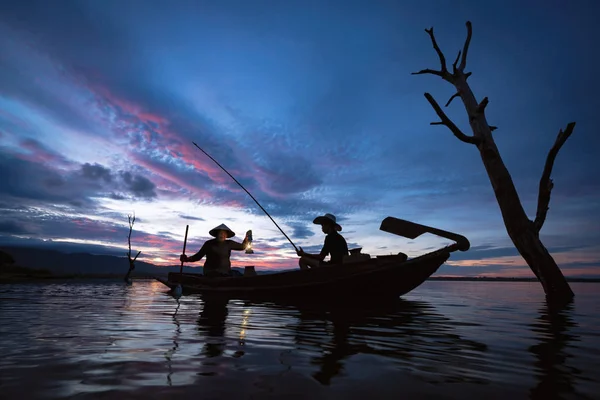 Les Pêcheurs Préparent Pêcher Lac Bangpra Pendant Heure Lever Soleil — Photo