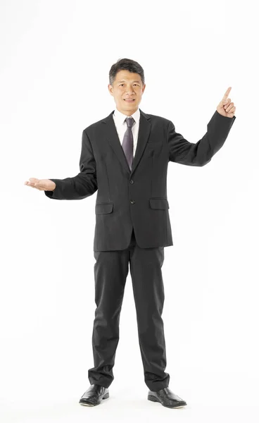 Business Man Black Suit Standing Open Hand Copyspace White Background — Stock Photo, Image