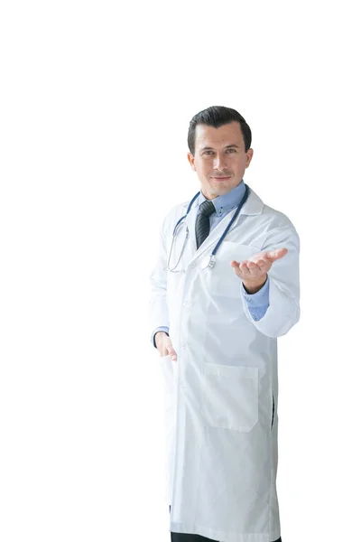 Doutor Apresentar Algo Mão Isolado Fundo Branco Com Caminho Recorte — Fotografia de Stock
