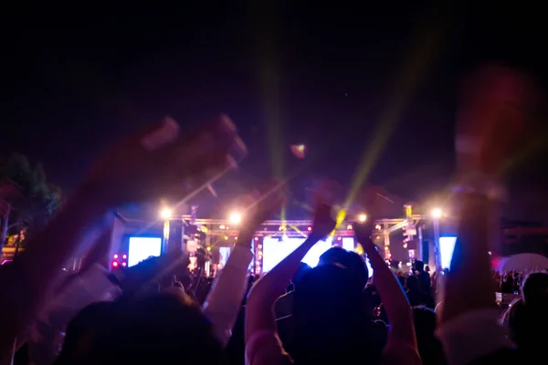 Concerto Noite Com Fogos Artifício Silhuetas Fanclub Show Mão Ação — Fotografia de Stock