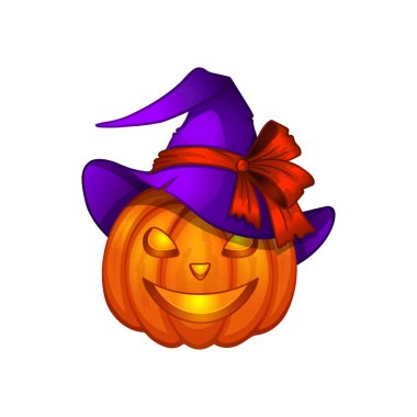 Turuncu fiyonklu mor cadı şapkalı turuncu Cadılar Bayramı kabağı. Mutlu komik surat. Beyaz arkaplanda vektör illüstrasyonu.