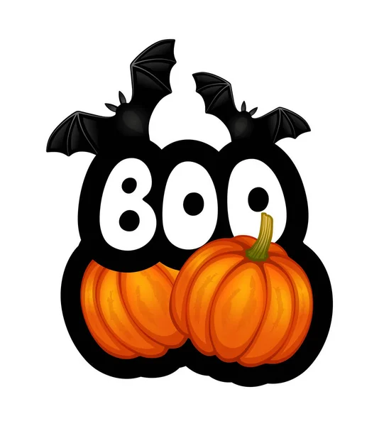 Naklejka Kreskówki Halloween Słowem Boo Dwa Nietoperze Dwie Dynie Ilustracja — Wektor stockowy