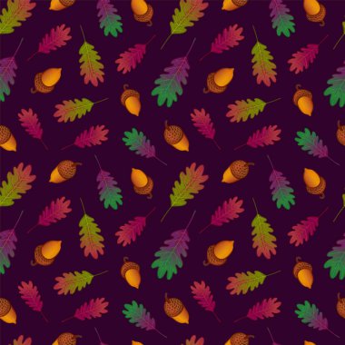 Çok renkli sonbahar meşe yaprakları ve koyu arkaplanda altın meşe palamutları olan kusursuz bir desen. Yeşil, mor, bordo, sarı renk. Botanik şablonu tekrarla. Vektör illüstrasyonu.