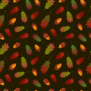Sonbahar meşe yaprakları ve koyu arkaplanda meşe palamudu olan kusursuz bir desen. Yeşil, kırmızı, sarı renk. Botanik şablonu tekrarla. Vektör illüstrasyonu.