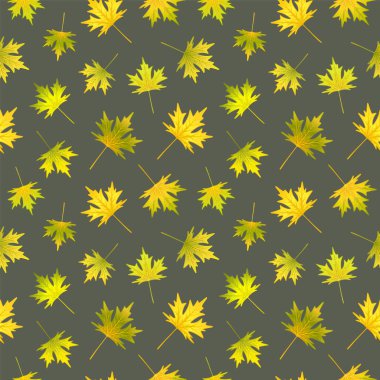 Koyu arkaplanda parlak sonbahar akçaağaç yaprakları olan kusursuz bir desen. Sarı, yeşil renkler. Botanik şablonu tekrarla. Vektör illüstrasyonu.