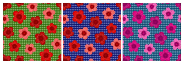 Ein Set Heller Mehrfarbiger Nahtloser Muster Mit Blumen Auf Kariertem — Stockvektor